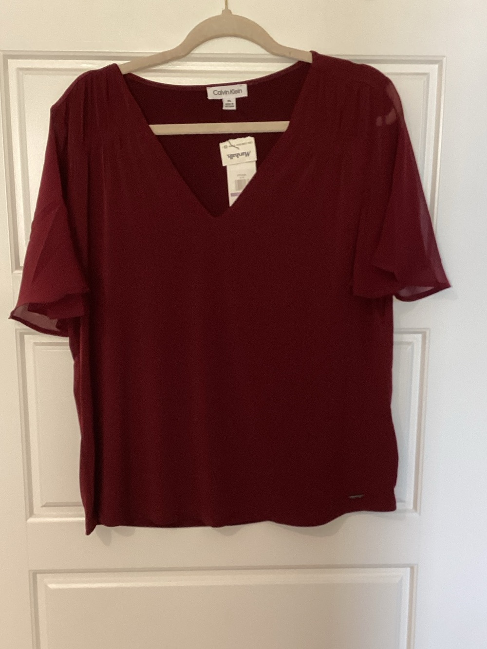 Calvin Klein Women's V-Neck Short Flutter Sleeve Blouse - Wine